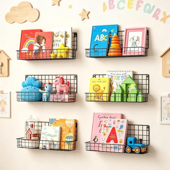 haoqianqian Floating Book Shelves for Wall Kids Bookshelf,Metal Hanging Wall Mounted Shelf for Nursery Toddler, Kids Room, Classroom,Set of 6,Black,2 Sizes