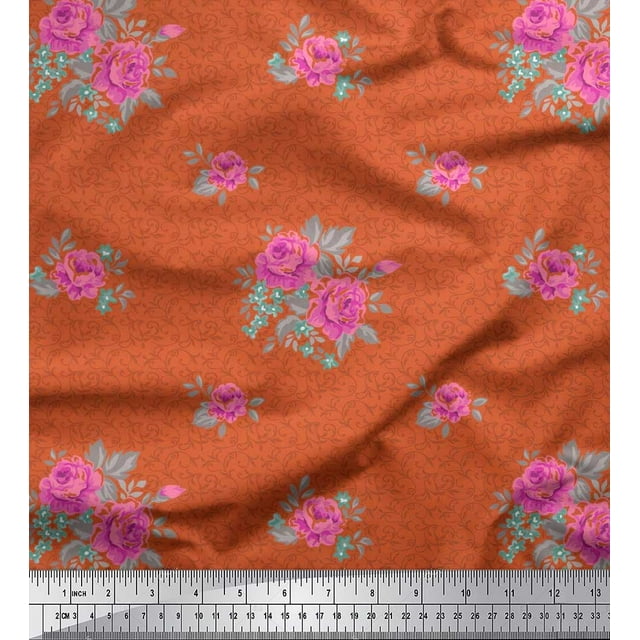 Soimoi polyester Crepe Fabric Swirl,Leaves & Rose Floral Decor Fabric Printed Yard 52 Inch Wide
