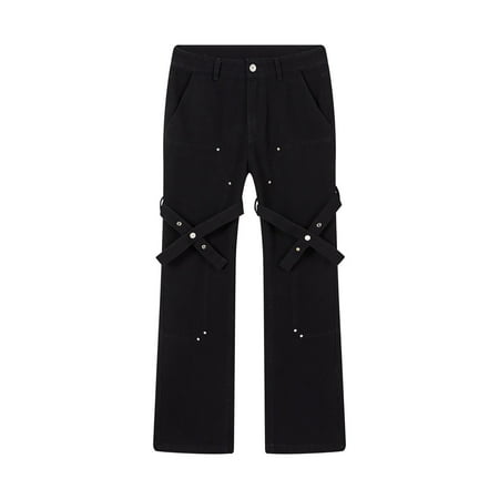 MHFRRA Mens Baggy Jeans High Street Unisex Strap Detail Slim Fit Micro Flare Denim Pants with Design and Tapered Leg for Fashionable Daily Wear