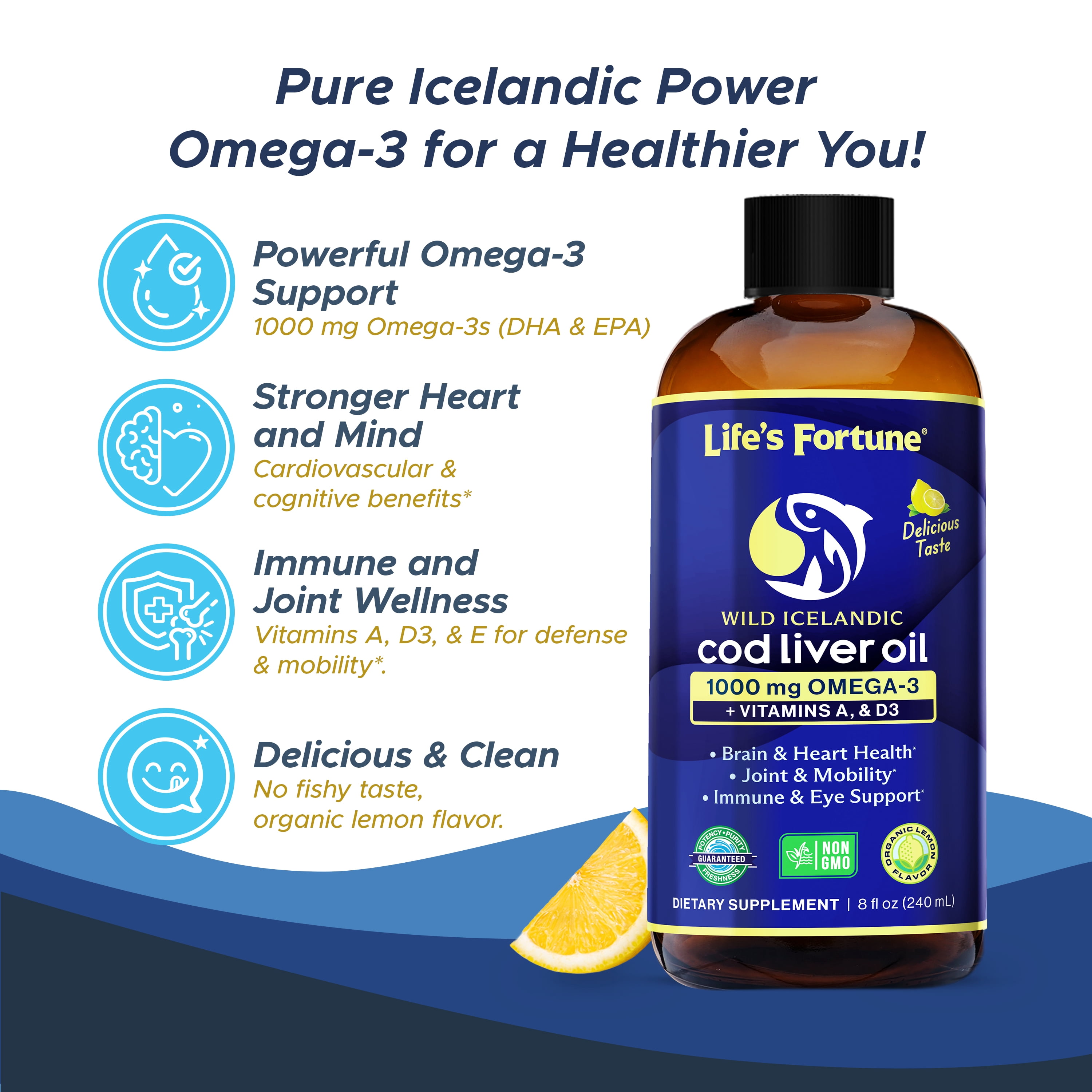 Life's Fortune Cod Liver Oil Liquid Organic Lemon Flavor, Fish Oil Supplement, 8 oz, 1000 mg