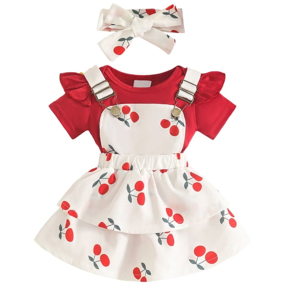 RFQWOVSR Baby Girls 2 Piece Summer Outfit Solid Onesie Bodysuit with Cherry Print Tiered Overall Dress Set 9-12 Months