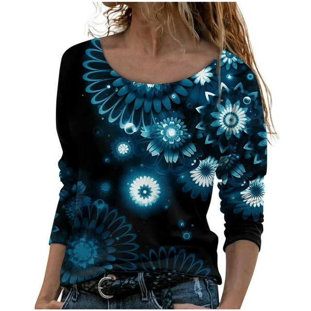 IROINID Offres Dames Manches Longues T-Shirts Décontractés Imprimé Col Rond T-Shirt Ample Blouse d'Automne Chandail, Bleu Ciel