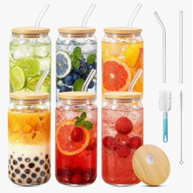 Set De 6 Vasos Lata Vidrio 16oz Con Tapas Bambú Popote