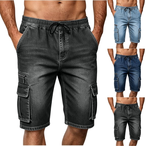 Yourumao Cargo Jean Shorts for Men Washed Distressed Denim Bermuda Shorts Drawstring Elastic Waist Summer Casual Jeans for Going Out with Pockets