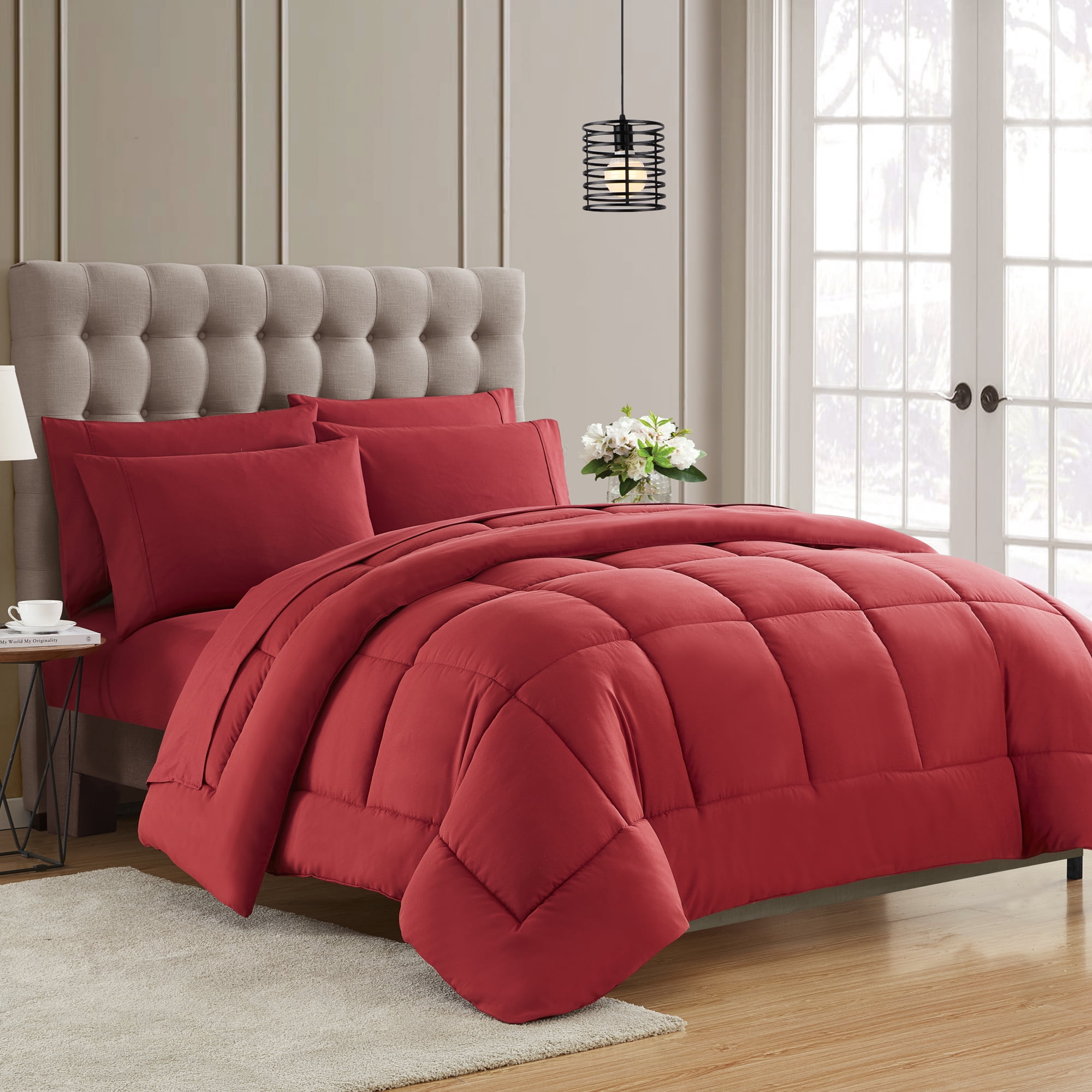 Dark Coral & Rose Wine 5 Piece Dorm Twin XL Reversible Bed In A Bag w/ Comforter 