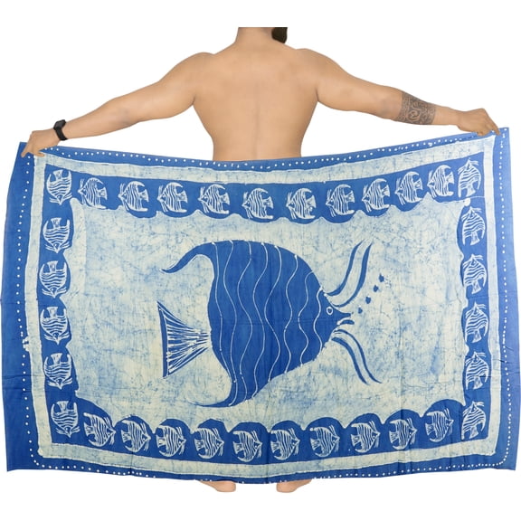 HAPPY BAY Men's Standard Vacation Dashiki Sarong Full Pareo Beach Wrap One Size Royal, Fish Summer Vacation Aloha