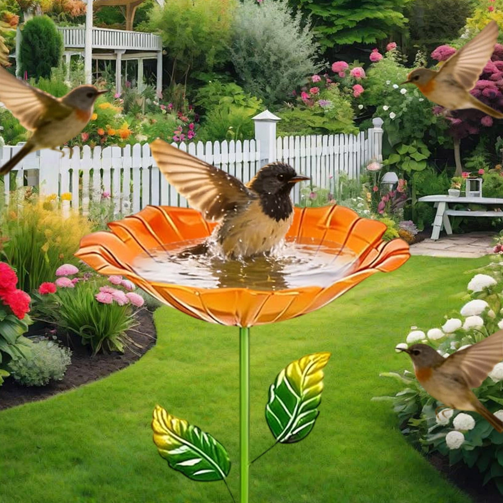 Outdoor storage box Standing Bird Bath Metal Garden with Stake, Removable Bird Bath Water Drinker for Wild Birds, Vintage Garden Decoration for Yard Patio, Rustproof Iron Finish