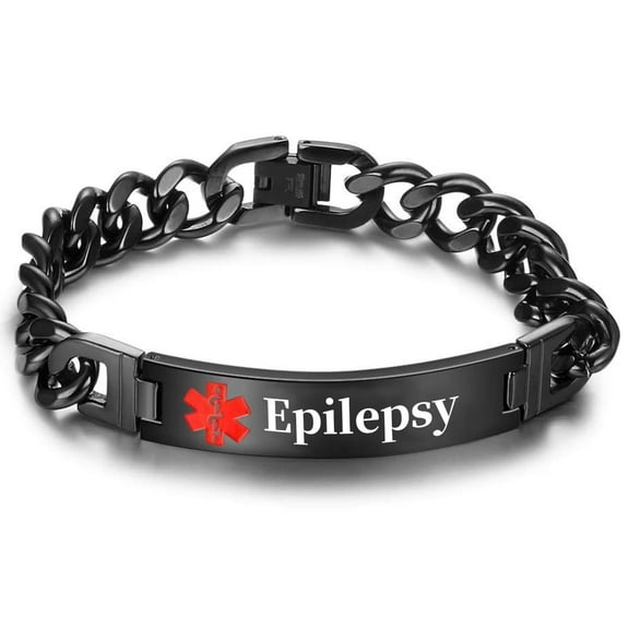 Vagzen Stainless steel Medical Alert ID Bracelet for Men, Engraved Epilepsy, Black