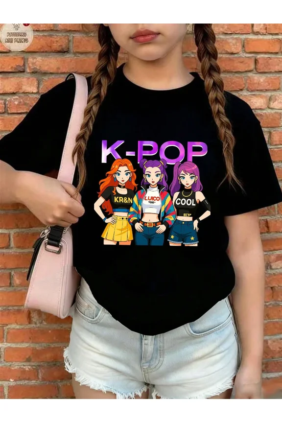 childrens wear Cute K-Pop Anime Graphic T-Shirt for Girls, Retro Music Inspired Short Sleeve Cotton Tee for Kids, Funny Cartoon Character Fashion Top for Toddler Girls