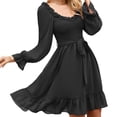 thumbnail image 1 of Birdeem Womens Solid Spring and Summer Long Sleeve Belt Waist Ruffle Sleeve Round Neck Dress, 1 of 9