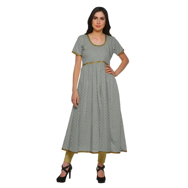 Moomaya Longues Robes Tuniques en Coton Imprimé à Manches Courtes avec Fente avant pour Femmes