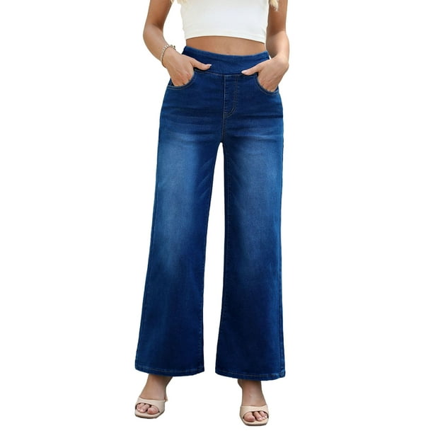 Pantalones Vaqueros Anchos de Talla Grande para Mujer, Cintura Alta, Adelgazantes, con Múltiples Bolsillos, Rectos, Holgados e Informales. Azul Oscuro M