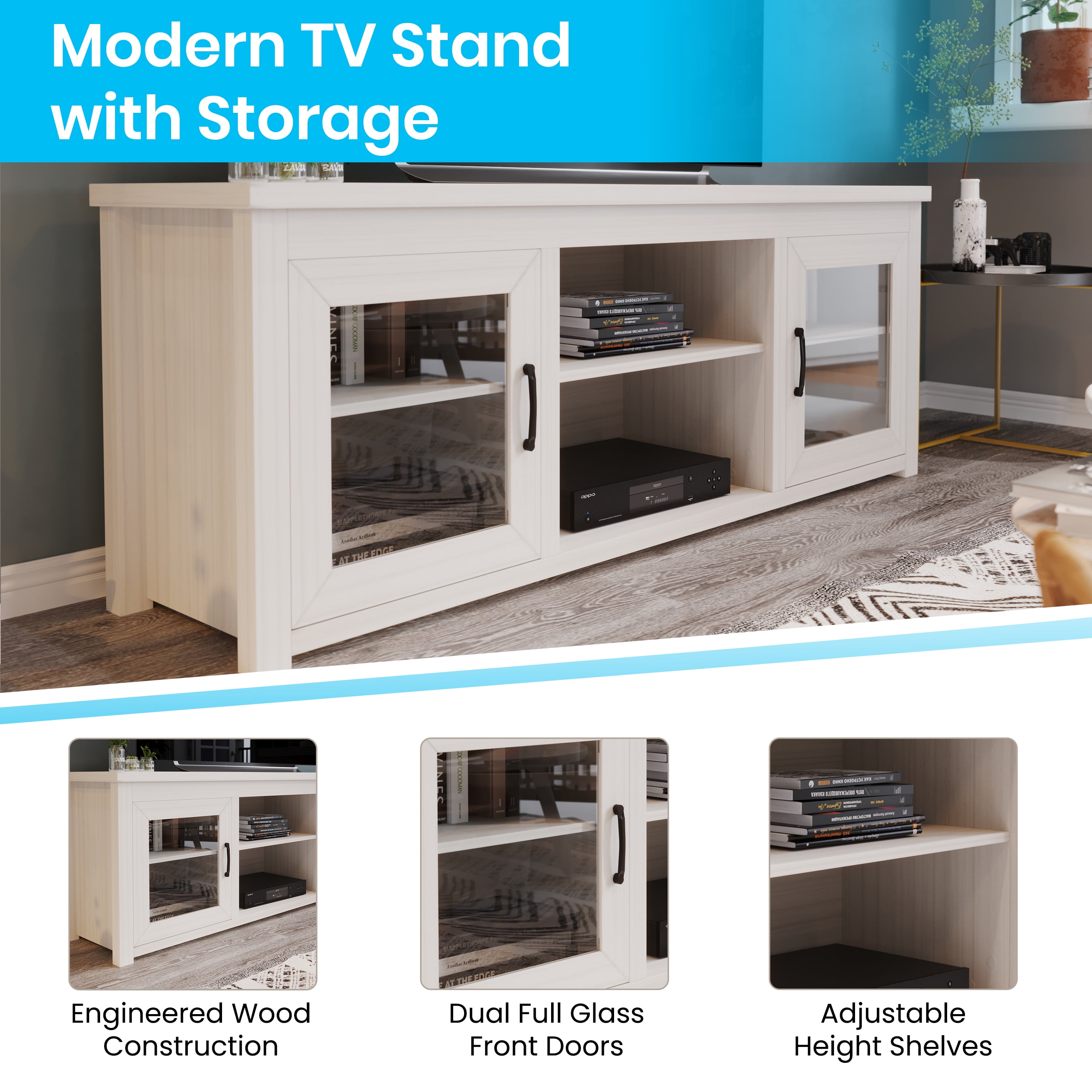 BizChair Classic TV Stand up to 80" TVs - Modern White Wash Finish with Full Glass Doors - 65" Engineered Wood Frame - 3 Shelves
