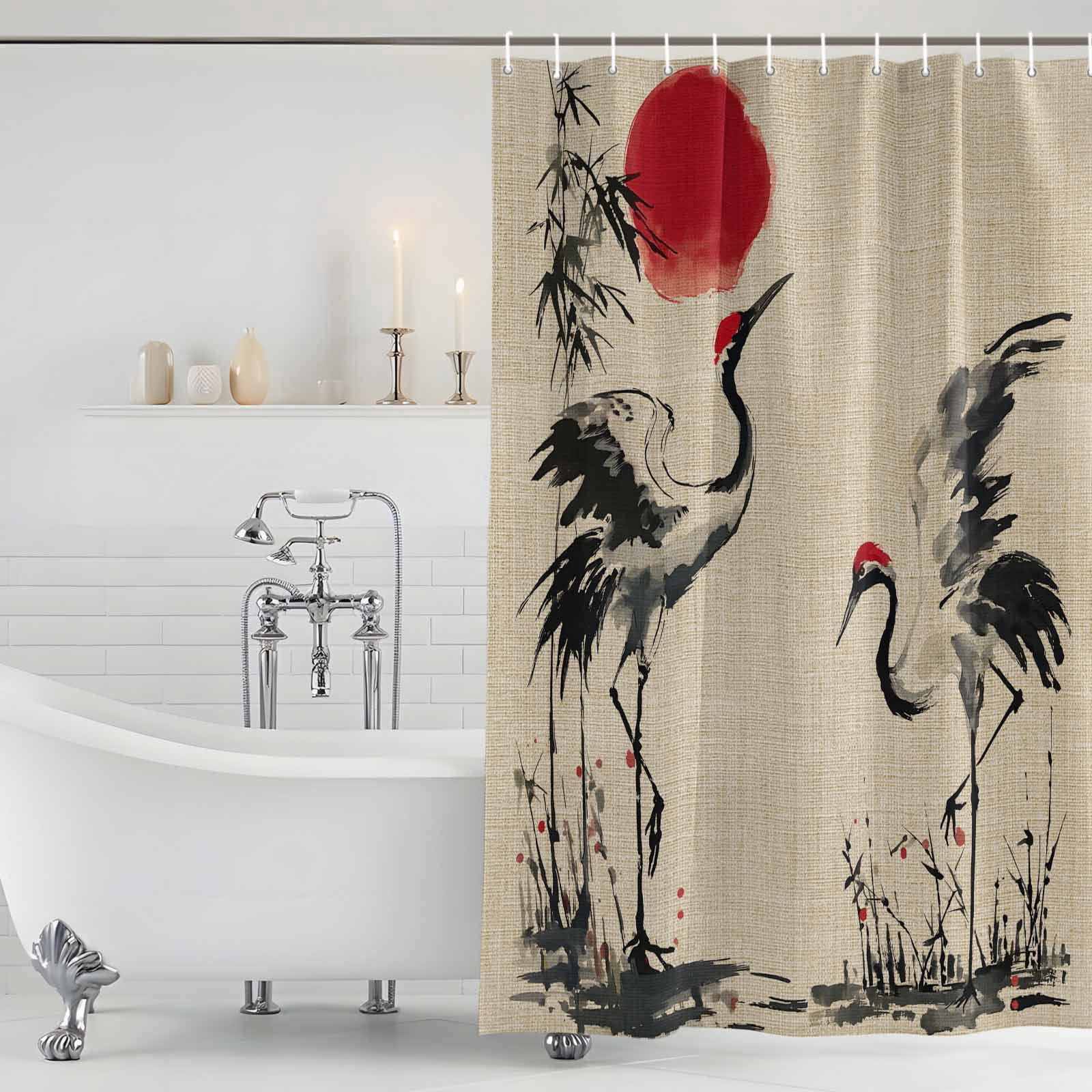 Small Stall Shower Curtain 36x72 Inch Narrow Half Size Crane Bath Curtains Bathroom Decor, Black White Ink Wash Red Moon Botanical Farmhouse Waterproof Fabric Shower Curtain Set with Hooks 36 Inch