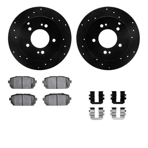 Dynamic Friction Company Rear Brake Rotors-Drilled and Slotted-Black with 5000 Advanced Brake Pads includes Hardware 8512-21013