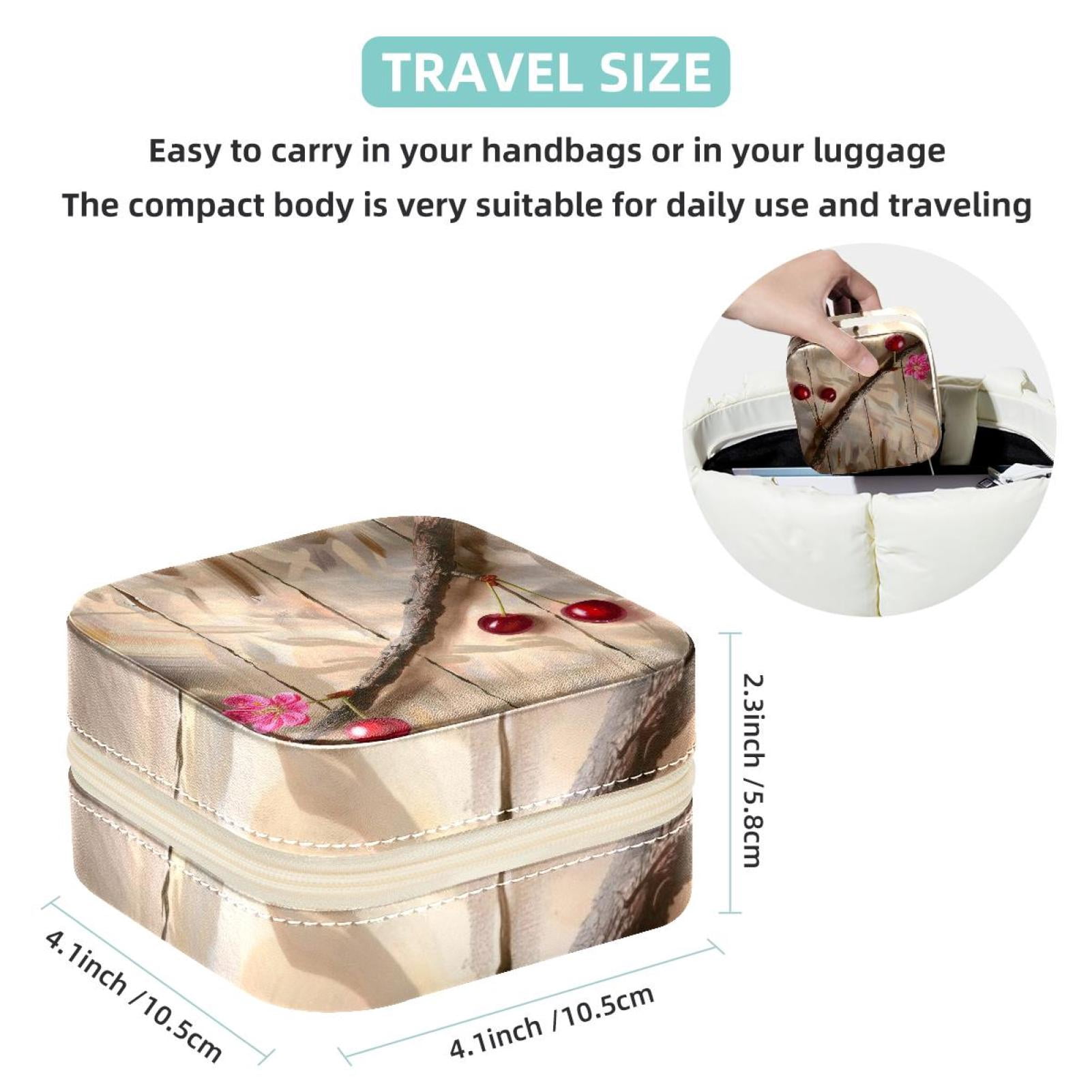 PhooArto Small Jewellery Box, Cherry on Wood Board Portable Travel Mini Jewelry Case for Women Leather Ring Organizer