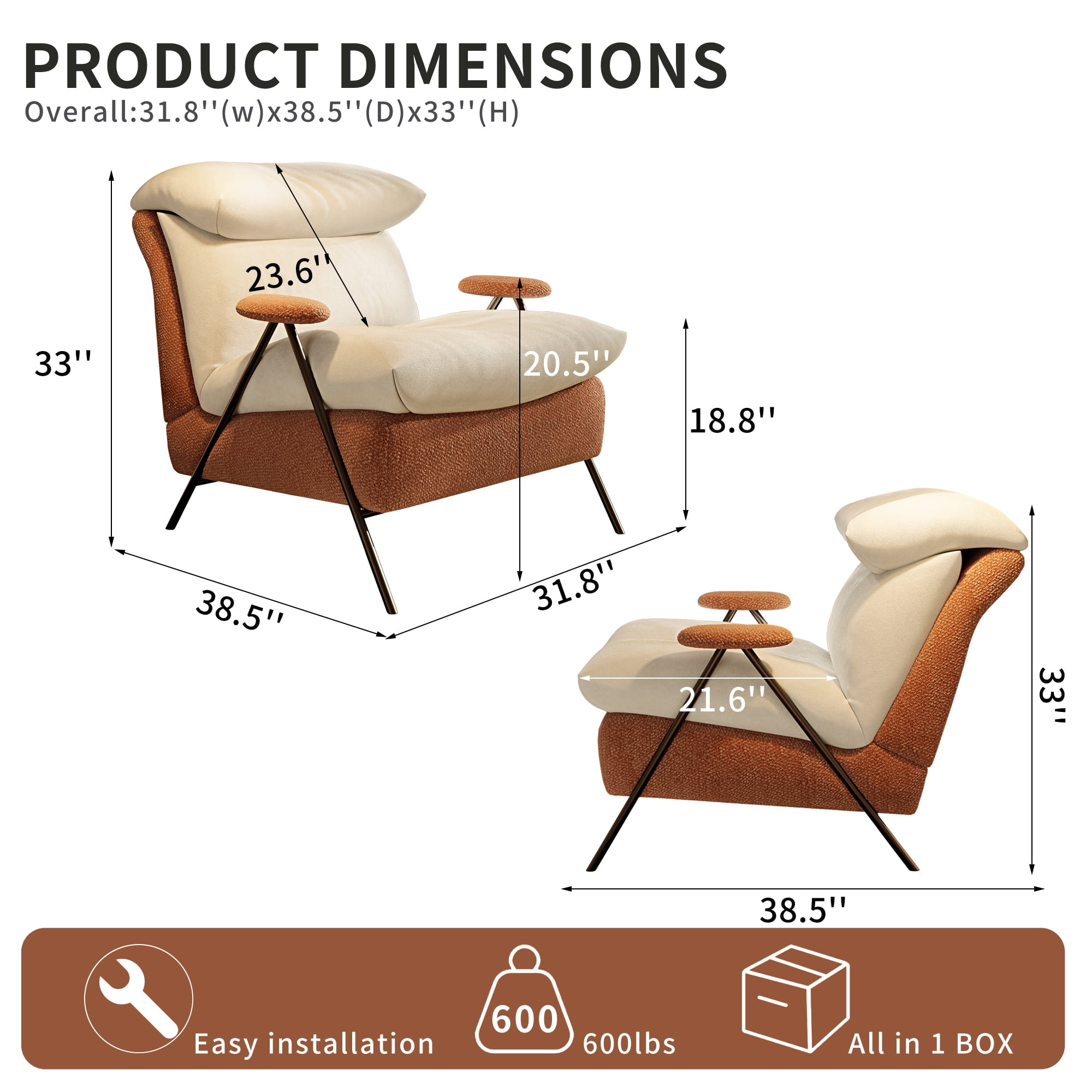 Howcool Modern Upholstered Accent Chair,Armchair with Wide Cushioned Seat,Ergonomic Lounge Chair with Solid Wood Frame for Living Room,Bedroom,Beige Orange