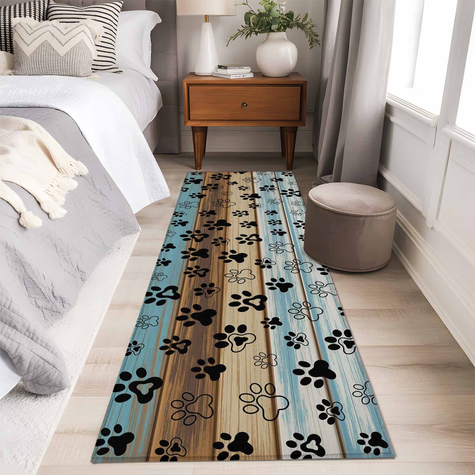 2'x6' Rug Runners for Hallways Kitchen, Cute Dog Claws Non Slip Entryway Beside Floor Carpet Runner, Farmhouse Blue Wooden Puppy Pawprints Washable Laundry Room Bedroom Throw Rugs Mat for Family Pet