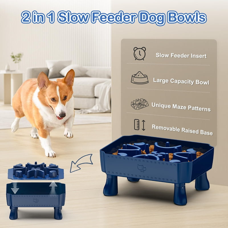 Slow Feeder Dog Bowls,2 in 1 Dog Puzzle Slow Feeder for Large Breed, Maze Elevated Dog Food Bowl Anti-Choking