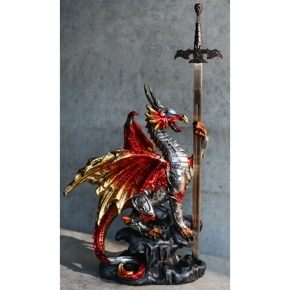 Red King's Knight Armored Dragon With Gothic Skull Sword Letter Opener Figurine