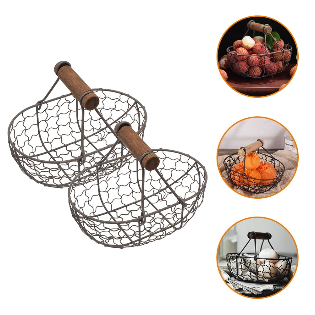 Zcyifa 2 Metal Wire Egg/Fruit Baskets w/ Handle - Portable Picnic/Bread Storage (Black)