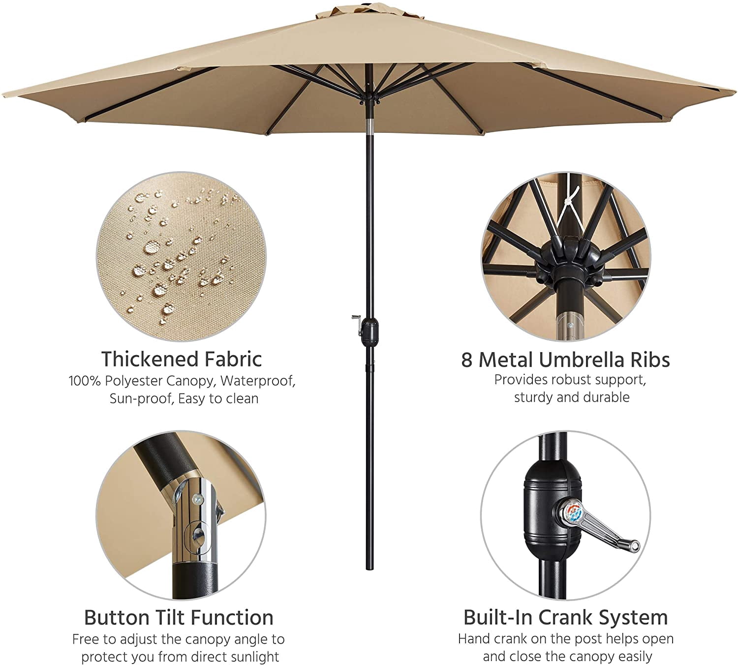 11FT Patio Umbrella Outdoor Market Table Umbrella with Push Button Tilt & Crank for Garden/Lawn/Deck/Backyard/Pool/Beach, 8 Ribs, Tan