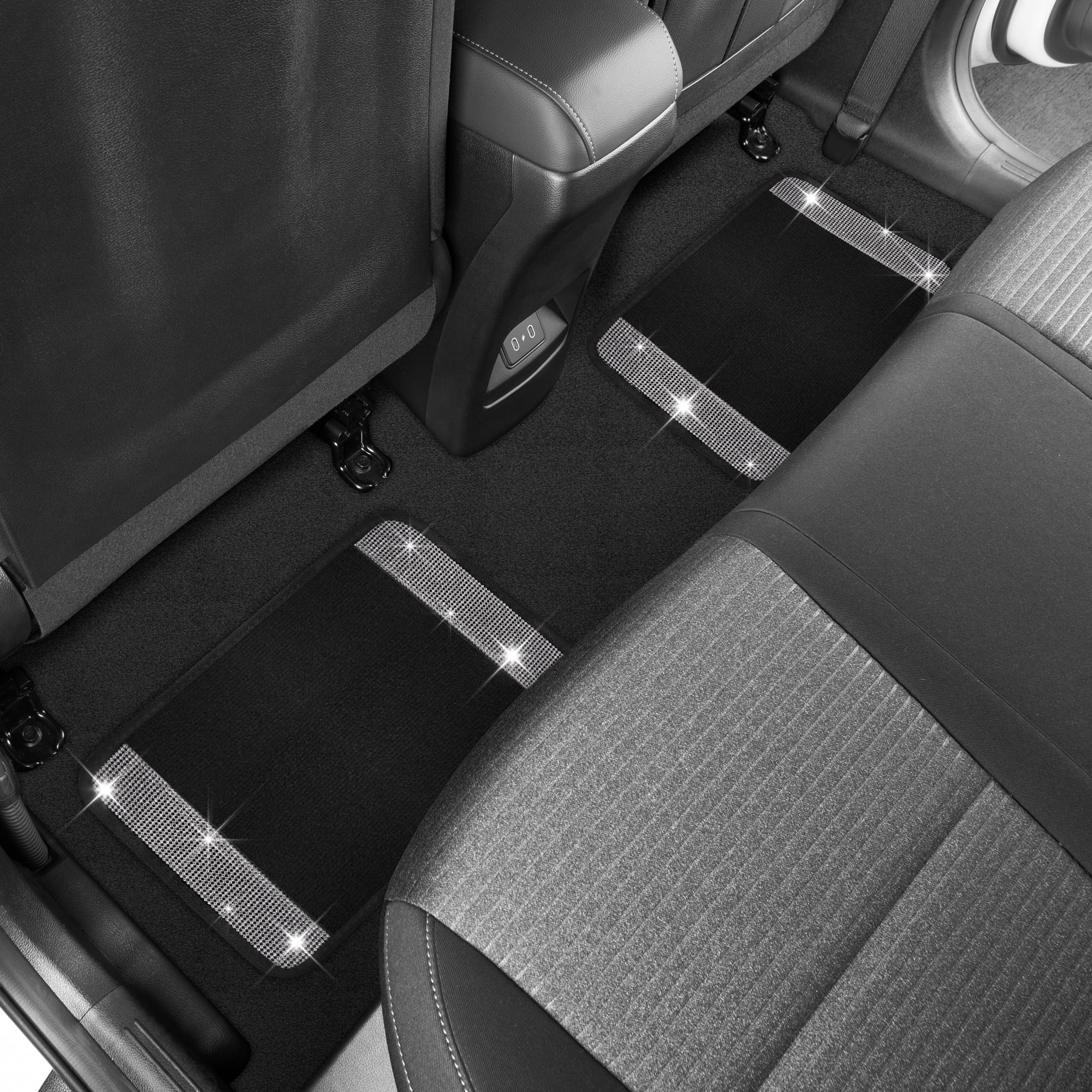Carbella Diamond Bling Car Mats 4-Piece Set, Shiny Rhinestone Crystal Carpet Car Floor Mats, Two-Tone Floor Mats for Cars, Cute Automotive Interior Car Accessories for Women (Silver)
