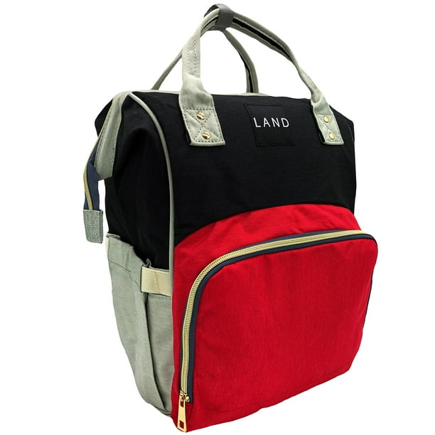 Mochila Pañalera Land Moderna Practica Bebes Térmica Oxford Negro Rojo