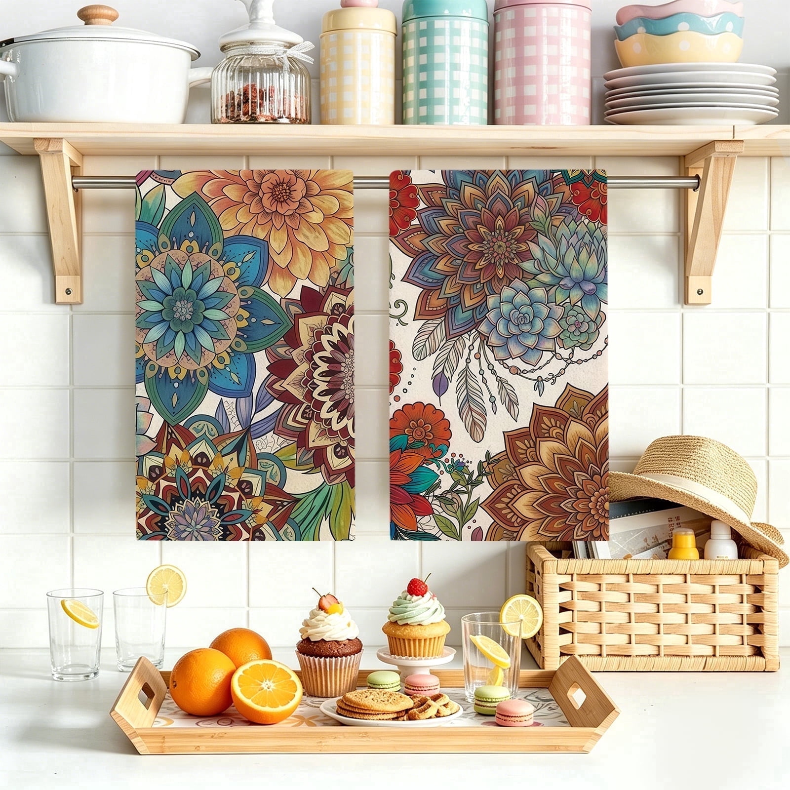 Stegali Boho Mandala Floral Microfiber Kitchen Towels Set of 2 Absorbent Dish Towels 18x26 Inch