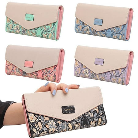 Green Travel Wallet Girl12Queen Women Trifold Envelope Faux Leather Wallet Button Clutch Purse Long Handbag Zip Bag ()