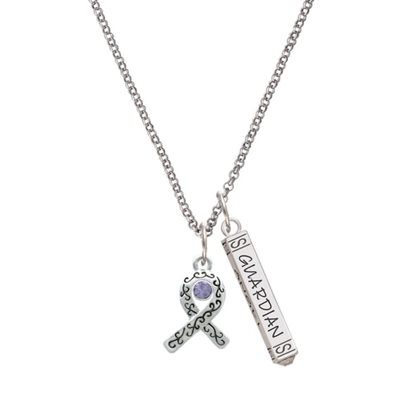 Delight Jewelry Silvertone Scroll Ribbon with Lavender Crystal Silvertone Guardian Angel Bar Charm Necklace, 23"