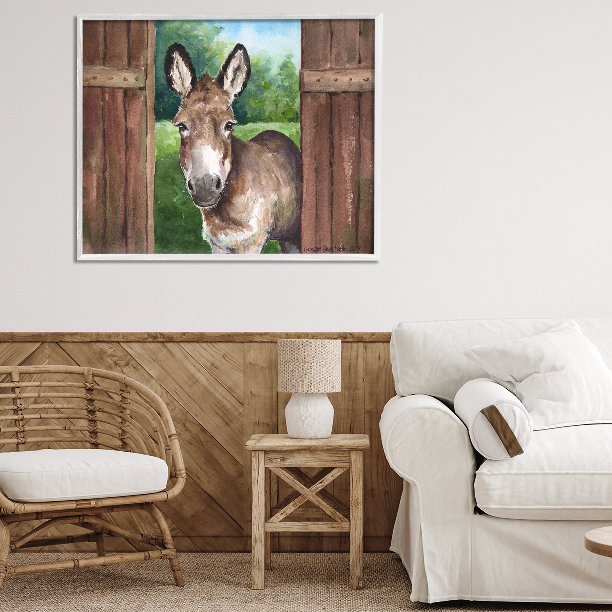 Stupell Industries Donkey in Wooden Gate White Framed Giclee Art, design by George Dyachenko
