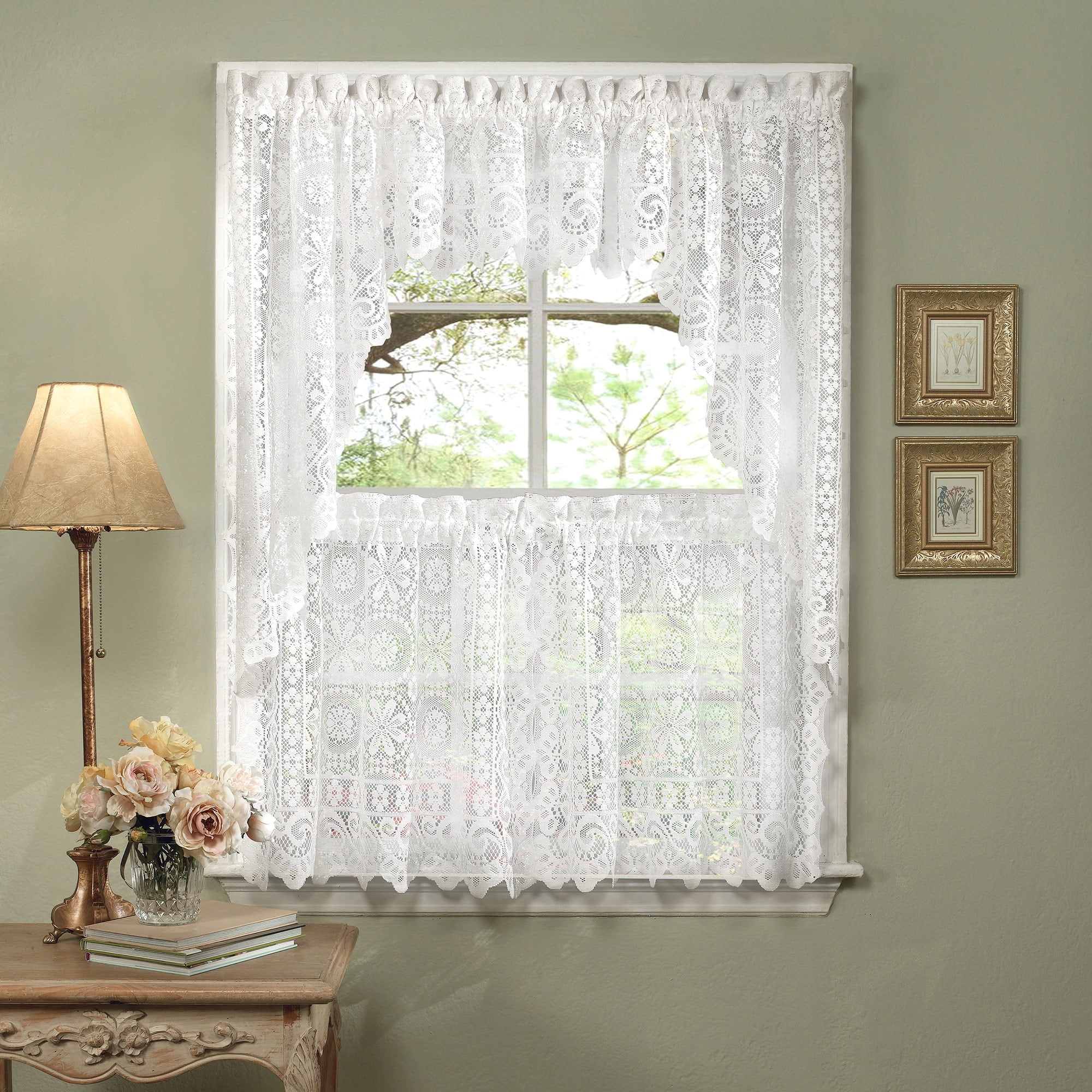 Elegant Ivory Priscilla Lace Kitchen Curtains Tiers Tailored Valance or Swag 
