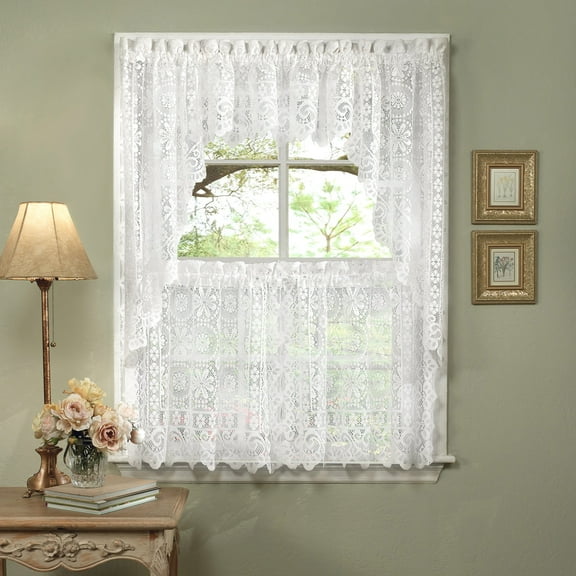 Lorraine Home Fashions Hopewell Heavy Lace White Kitchen Curtains & Valance, 58” x 24” (2 Panels)