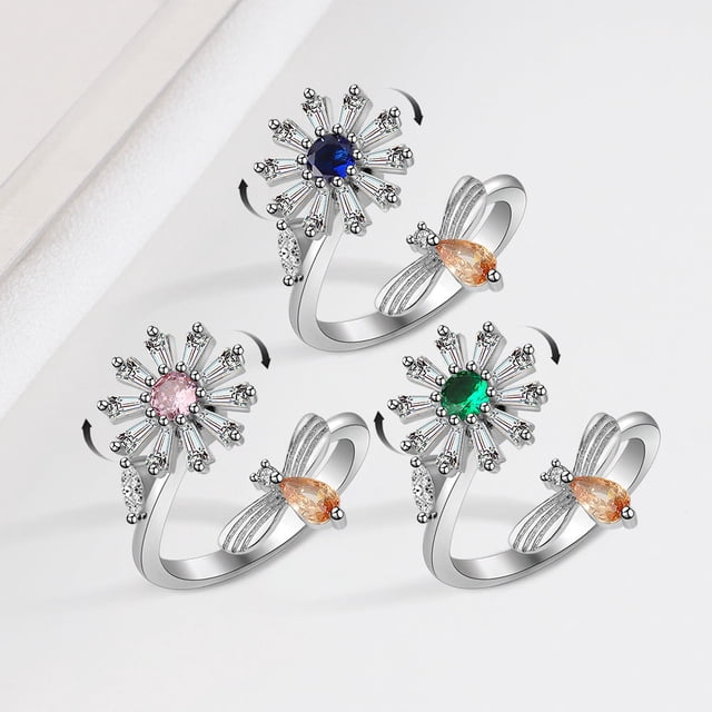 HONEYRAIN Bee Anti Anxiety Ring for Women Fidget Spinner Rings Sterling Silver Rotating ring Adjustable Open Ring S925 Silver for Real 1 Psc