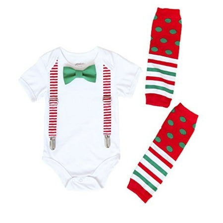 

Noah s Boytique Baby Boys Christmas Outfit Red White Stripe Suspenders Santa Pictures 6-12 Months