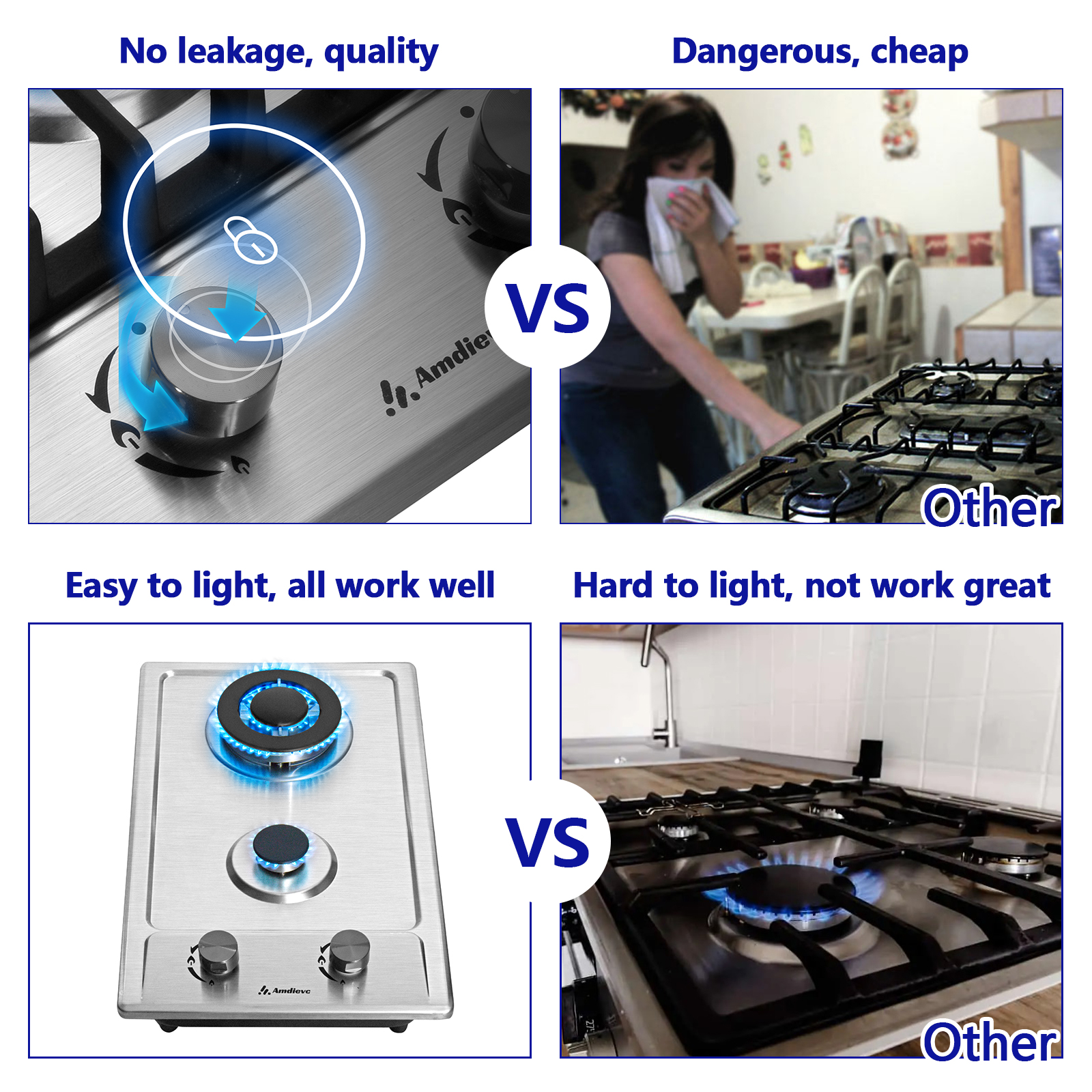 2 Burner Gas Cooktop 12 Inch, Built-in Gas Stove Top Electronic Ignition, Propane Stove 2 Burner, Thermocouple Protection