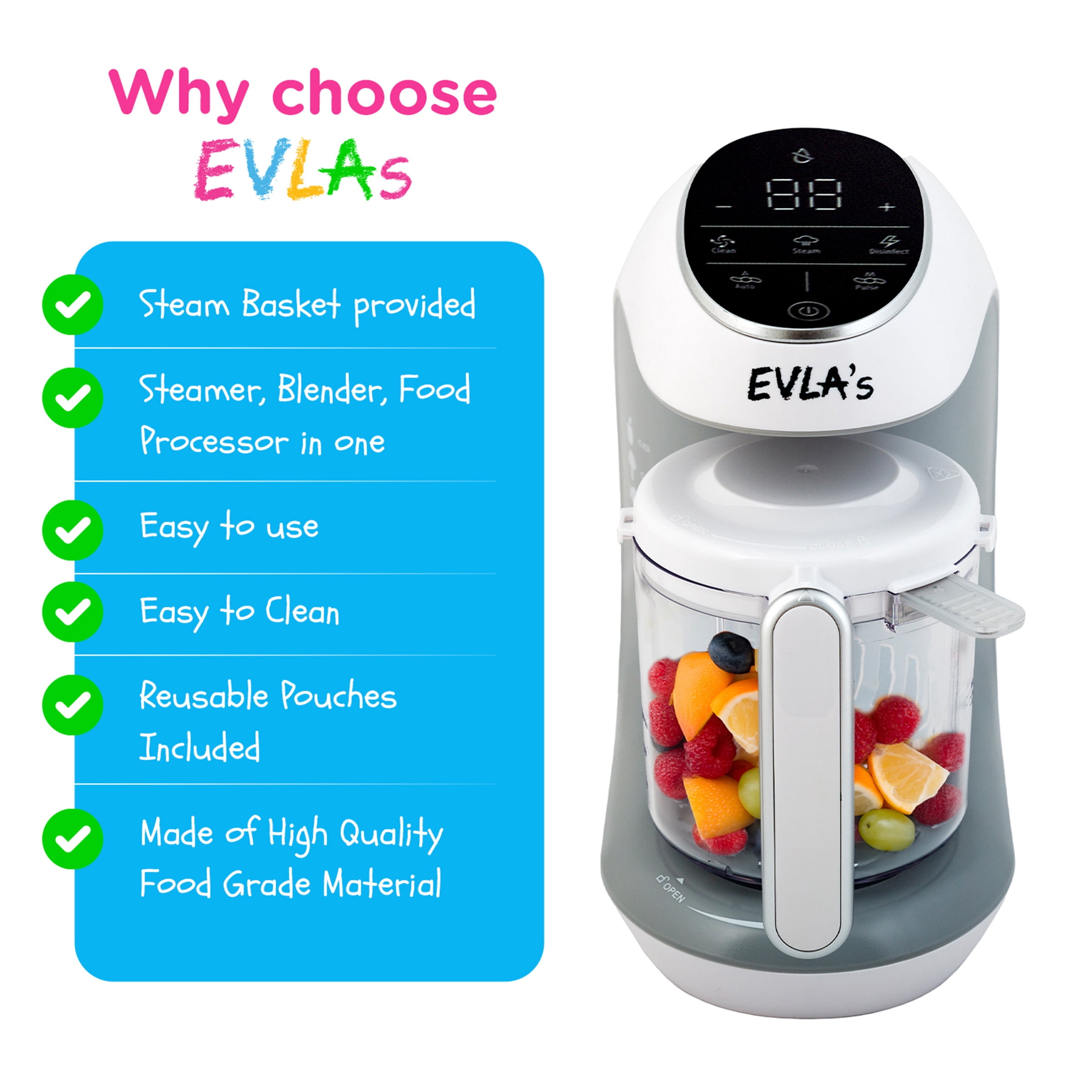 EVLA’s Baby Food Maker with Touch Screen and 6 Reusable Pouches, White