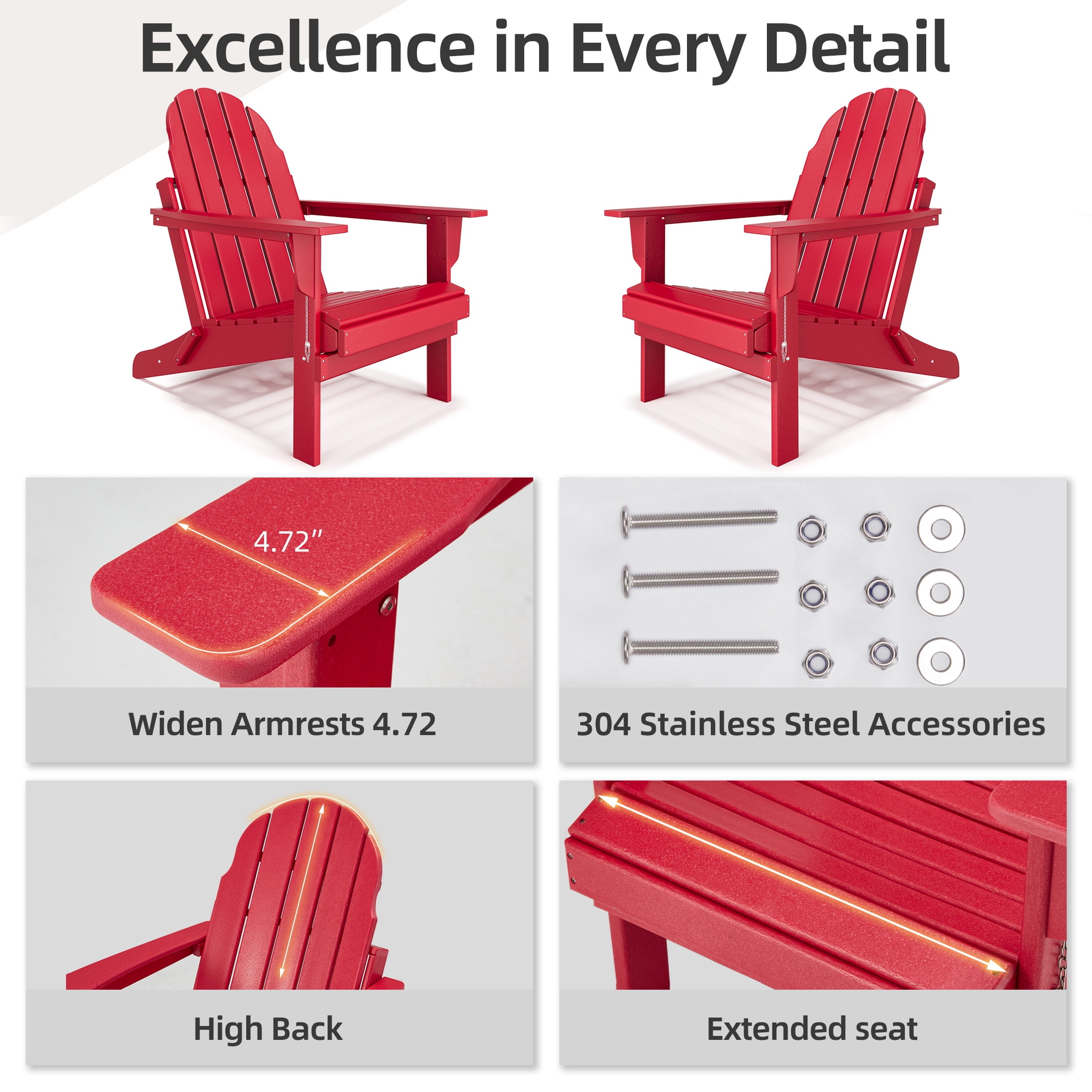 Erinnyees All-Weather Adirondack Chair,Folding Adirondack Outdoor Chair with Wooden Textured for Patio,Garden,Backyard and Lawn,Red