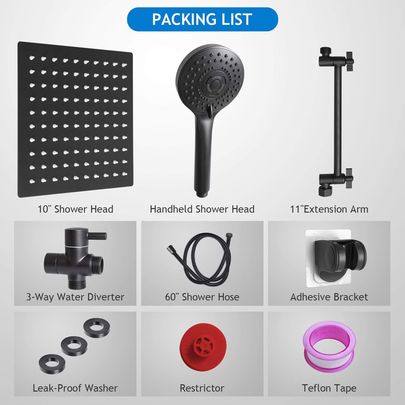 Black 10" Showerhead Set with Adjustable Extension Arm and 5-Setting Handheld Spray