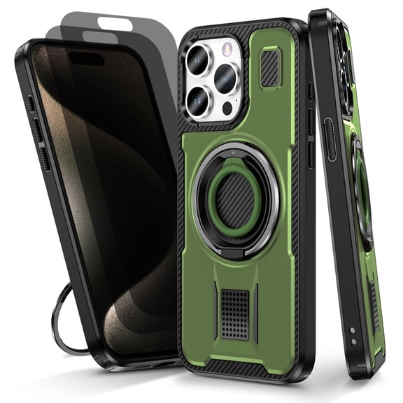 Hotpom for iPhone 15 Pro Max Case with 2 Pack Privacy Screen Protector, Double Ring Kickstand, Heavy Duty Shockproof Drop Protection and Rugged Anti-Scratch Phone Cover, Green