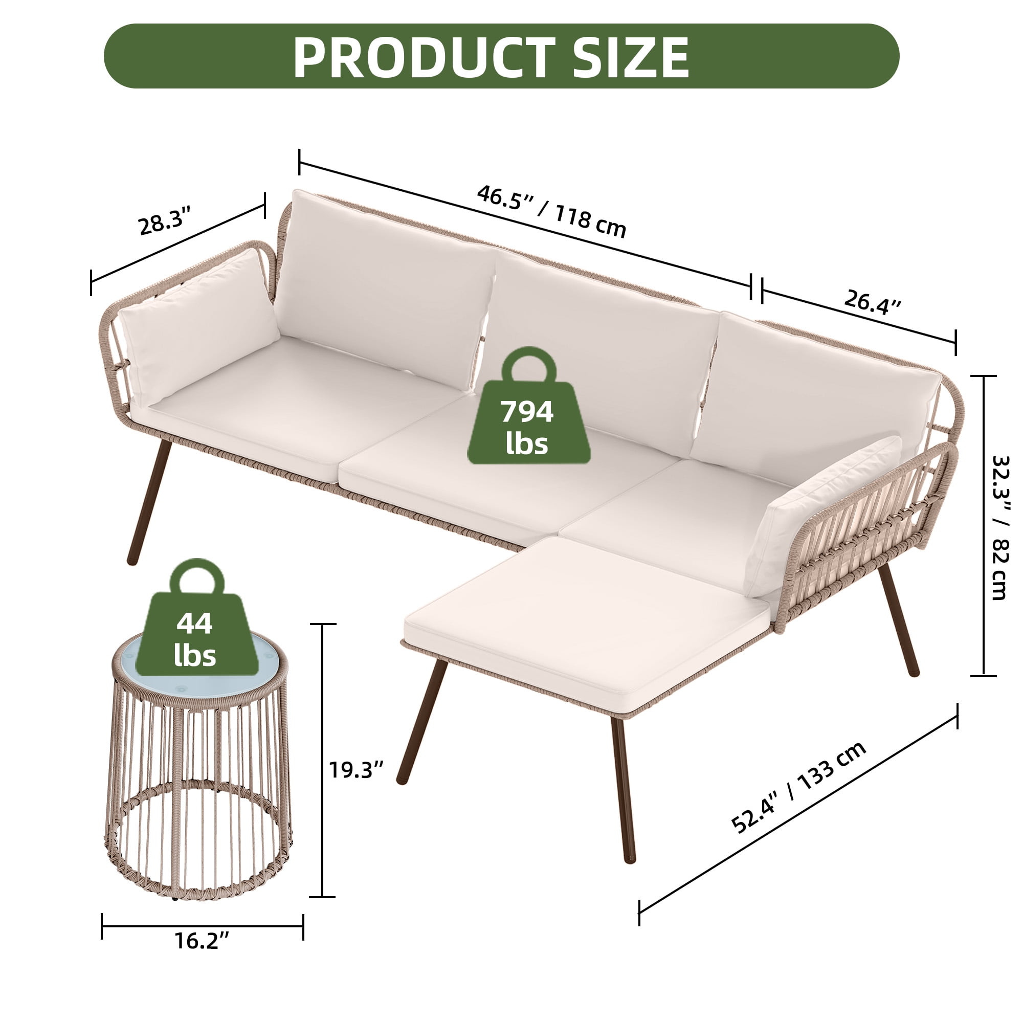 Uforic 3-Piece Outdoor Woven Rope Sectional Sofa Set Patio Furniture, L-Shaped Conversation Set w/ Table - Beige