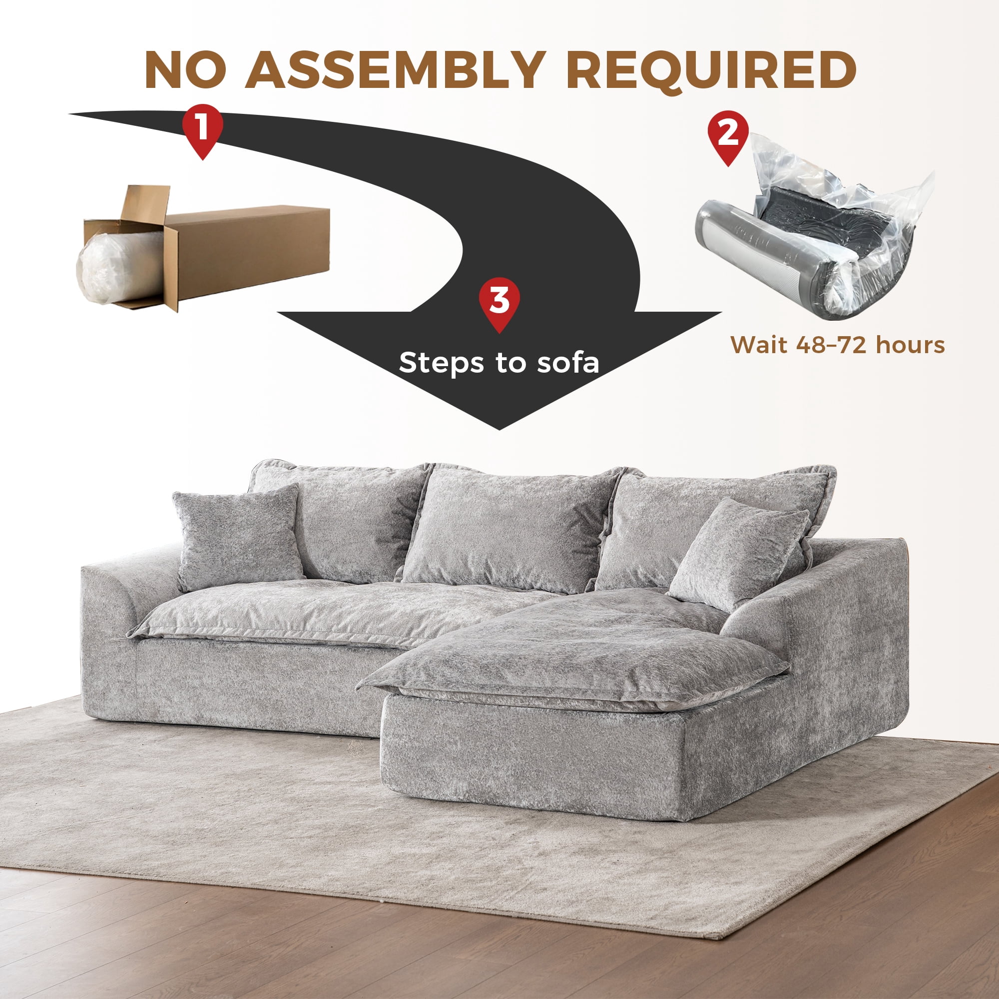 LEHZROAJ 103" Chenille Compressed Sofa,L Shaped Sectional Couch Pillows No Assembly Required for Living Room(Gray,Right)