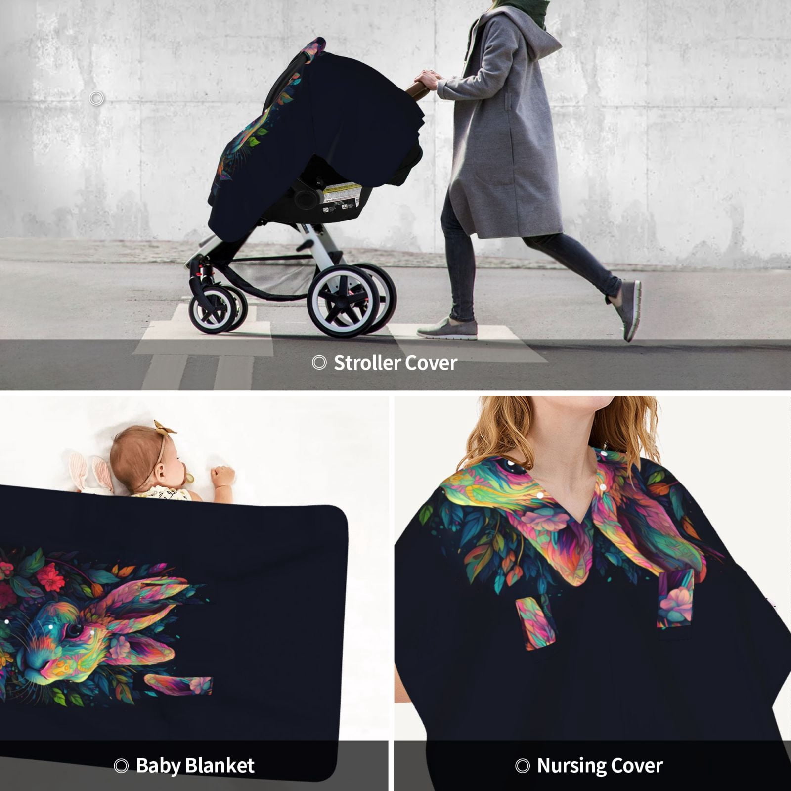 Car Seat Cover Baby - Colorful Patterned Rabbit Breathable Infant Car Seat Cover for Baby Carseat, Lightweight Comfort Baby Essentials Must Haves Newborn Stuff for Girl Boy