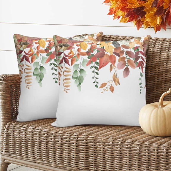 Outdoor Waterproof Pillow Covers Autumn Orange Eucalyptus Leaves Watercolor Decorative Throw Pillow Protectors for Sofa Couch,18x18in 2 Pack