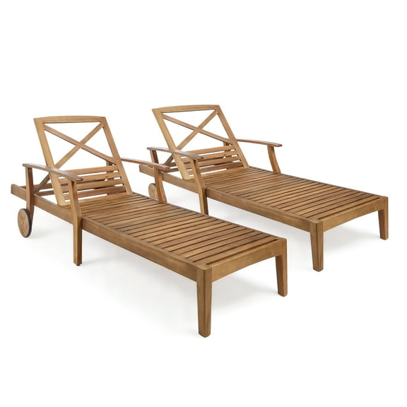Thalia Outdoor Teak Finish Acacia Wood Chaise Lounge, Set of 2