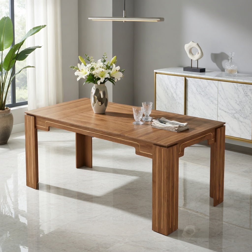 Hommoo MDF Dining Table 71" L x 31.5" W, Modern Grooved-Leg Extendable Table for 6-8 People, Multi-Functional Home & Office Use, Walnut