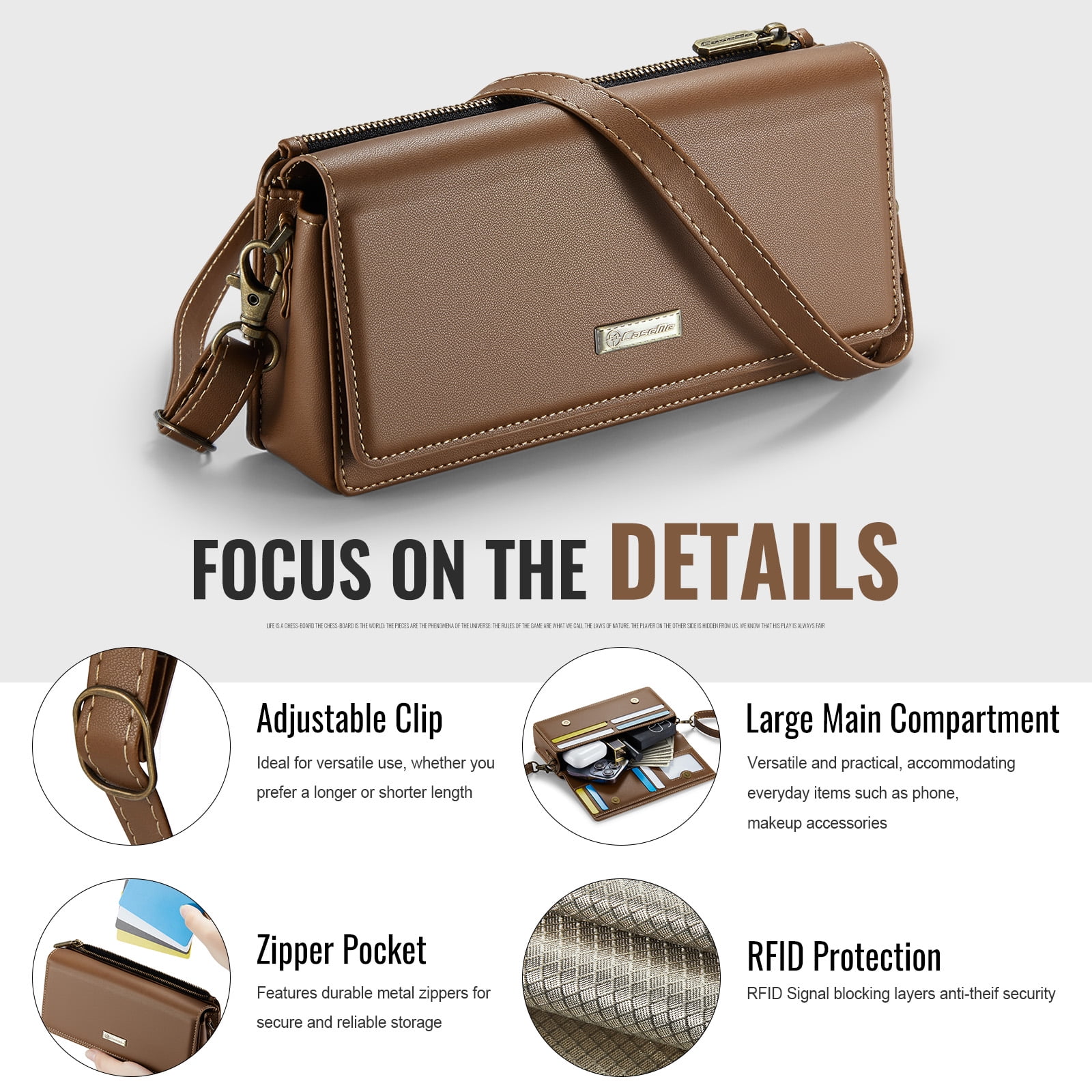 CaseMe Fashion Small Crossbody Bag for Women,Cell Phone Purse Women's Shoulder Handbags Wallet Purse with RFID Blocking Credit Card Slots Zip Small Crossbody Bag Wrist strap/Shoulder strap - Brown
