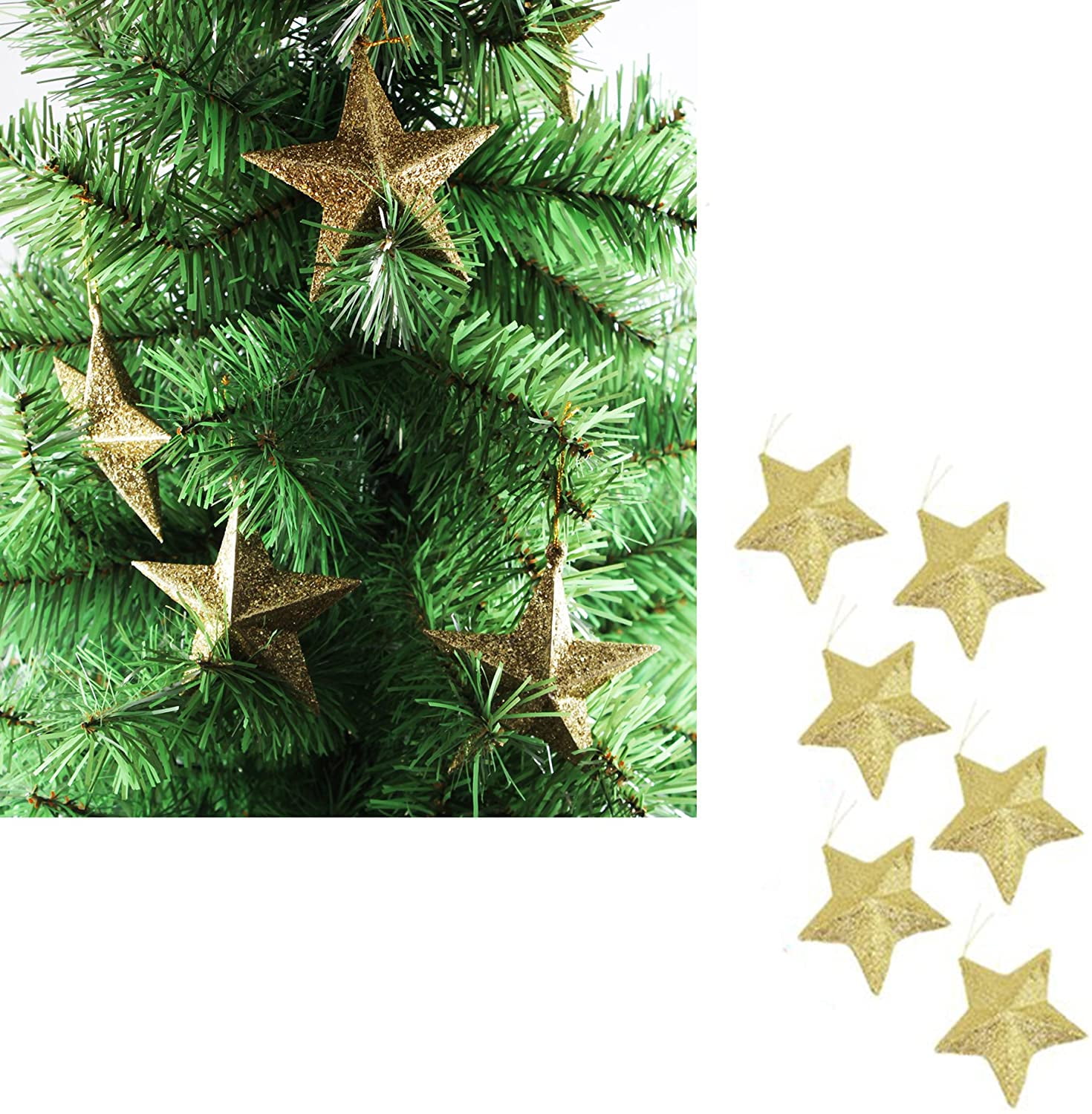 MKBL 6-Pack of Christmas Tree Decorations - Star Hanging Ornaments Gold Glitter Stars Festive Embellishments, Gold 3.5 Inches