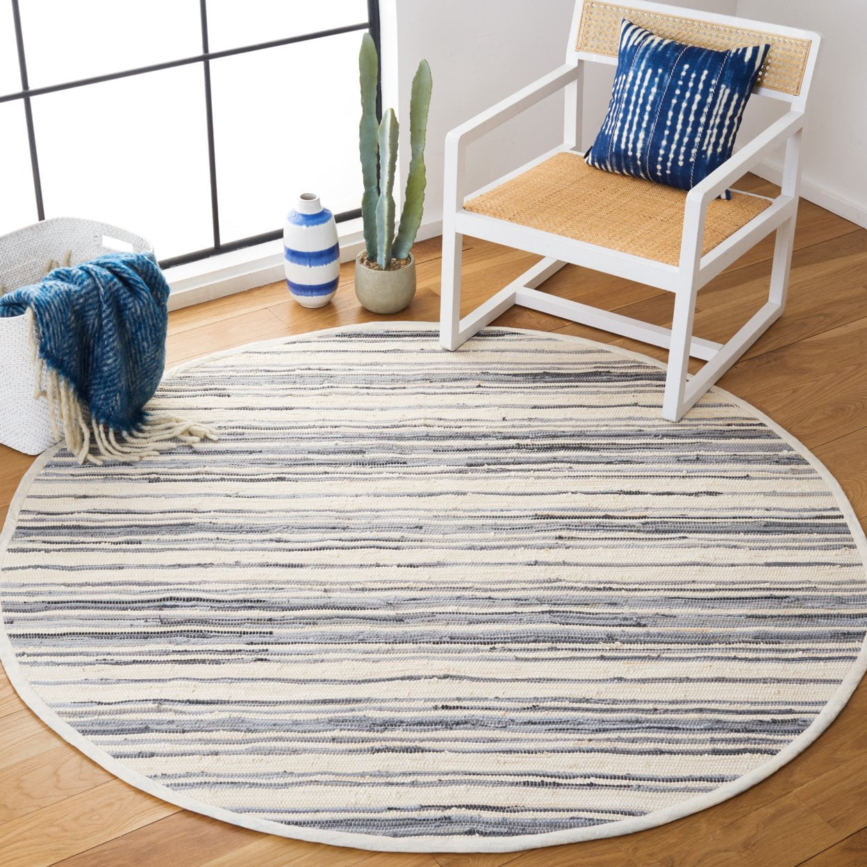 SAFAVIEH Rag Benton Striped Cotton Area Rug, Ivory/Grey, 8' x 8' Square